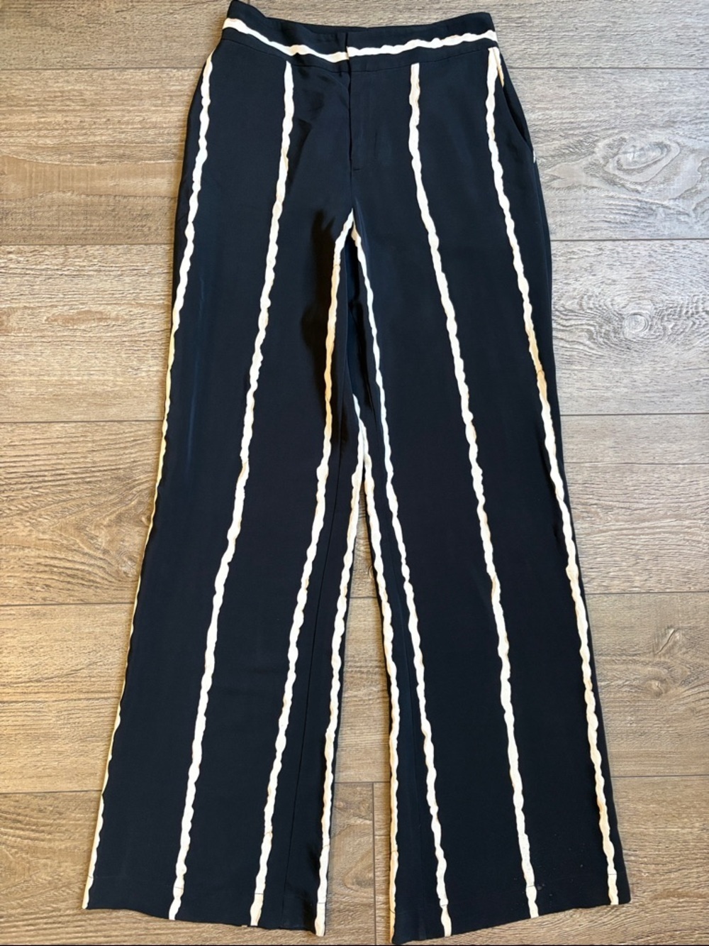 Derek Lam 10 Crosby 100% Silk Black High Waisted Pants with Cream Wavy Stripes